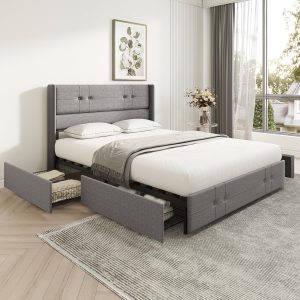 Upholstered Full Size Bed Frame Platform with 4 Storage Drawers and Fabric Headboard, Non-Slip and Noise-Free Full Bed Frame, Strong Wooden Slats, No Box Spring Needed, Grey