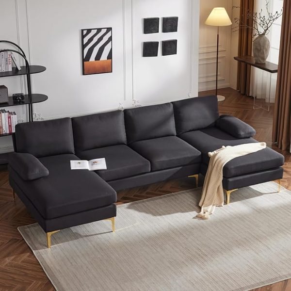 Convertible Sectional Sofa 110" U-Shape Sofa Couch 4-Seat Couch with Chaise Fabric Upholstered for Living Room, Apartment, Office, Black