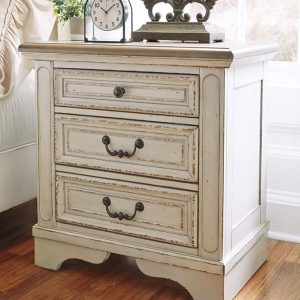 Realyn French Country 3 Drawer Nightstand with Electrical Outlets & USB Ports, 27.75" Tall, Chipped White