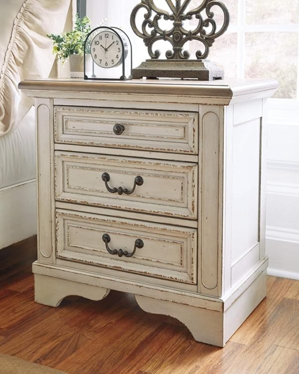 Realyn French Country 3 Drawer Nightstand with Electrical Outlets & USB Ports, 27.75" Tall, Chipped White