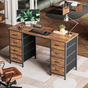 47 Inch Computer Desk with 8 Drawers, Office Desk Work Desk for Home Office, Study, Gaming Desk with Fabric Drawers, Large Storage, Rustic Brown