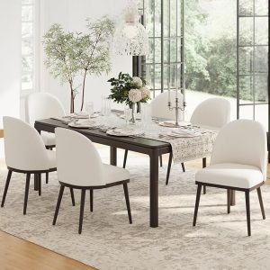 Upholstered Dining Chairs Set of 6, Wooden Dining Room Kitchen Chairs with Wood Frame and Curved Backrest, Modern Fabric Dinner Chairs, Beige