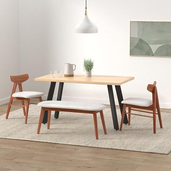 Dining Table 47 to 63in Modern Large Expanding Kitchen Table up to 6 People w/Leaf Extension, 2 Locks, 132lb Capacity - Natural Oak